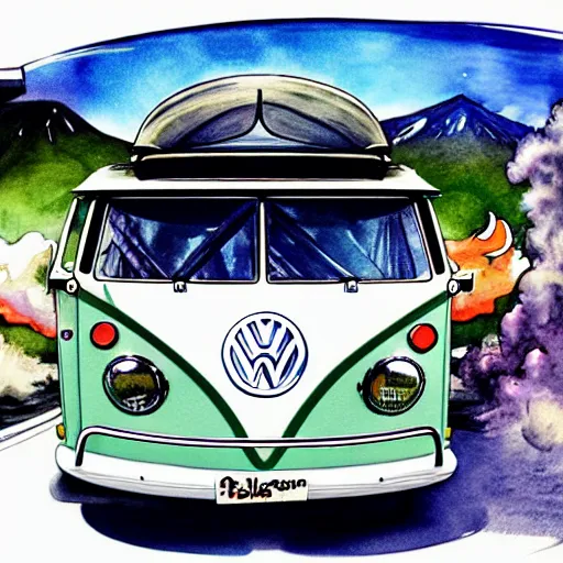 Image similar to a fisheye perspective caricature watercolor painting of a vw volkswagen bus, camper, bulli, type - 2, microbus, kombi, flying towards the camera, jumping at the viewer, dynamic action shot, fish eye lense, frontal, a dramatically erupting vulcano is seen in the background