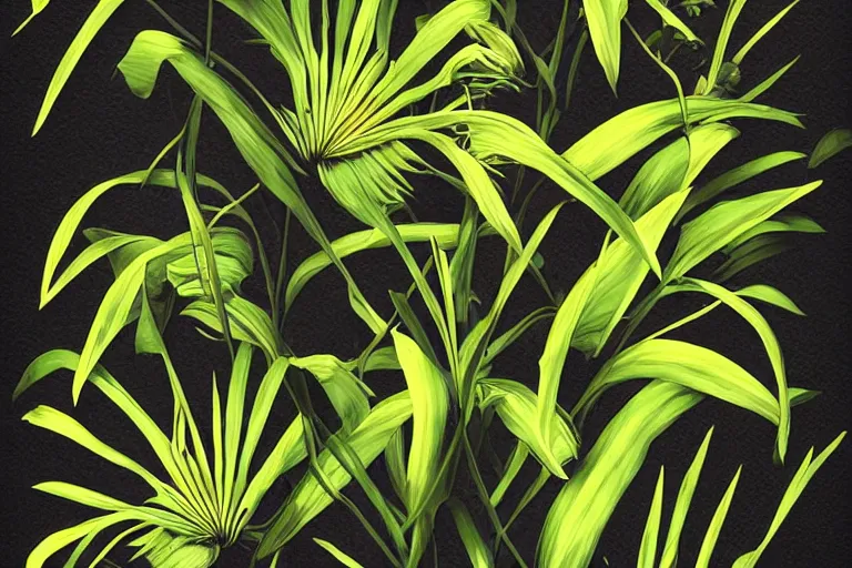 Image similar to photorealistic print of exotic, elegant tropical prints, isolated in a black background : : green surreal plants, golden flowers, art nouveau, desaturate, trending on artstation