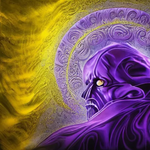 Image similar to sinister sentinel arcane iconic figure in expressive purple and turquoise color palette robe, rippled layers of magic swirls, glyphs, ultra fine detail, swirling clouds of fog, raytracing, highly detailed and intricate, golden ratio, dark gradient ink with intricate designs, hypermaximalist, elite, horror, creepy, ominous, haunting, majestic, ephemeral, cinematic, art style by cgsociety, Darius Zawadzki and Jama Jurabaev and Artsation trending