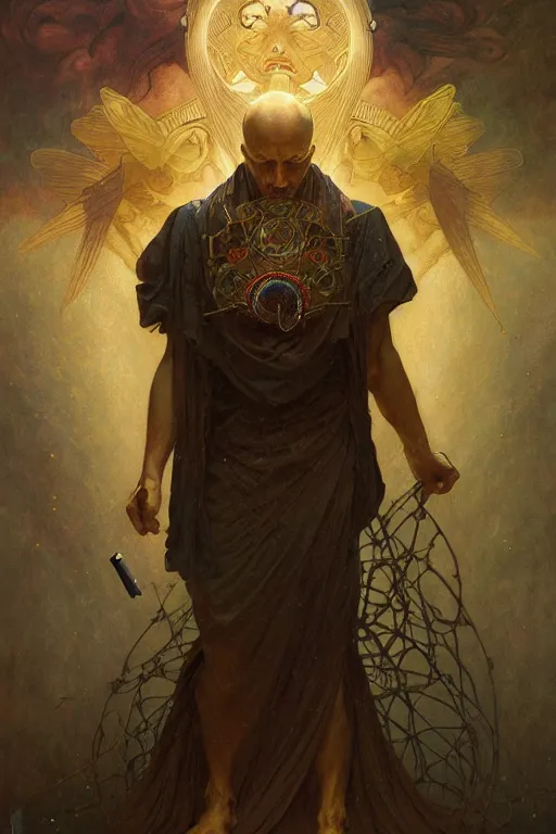 Image similar to a tarot card, a half man half machine, horror by agostino arrivabene and elegant intricate digital painting artstation concept art smooth sharp focus illustration, art by artgerm and greg rutkowski and alphonse mucha