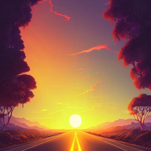 Prompt: a road that goes down towards the sunset, bright, fantasy, wlop, dan mumford, artgerm, liam brazier, peter mohrbacher, 8 k, raw, featured in artstation, octane render, cinematic, elegant, intricate, 8 k