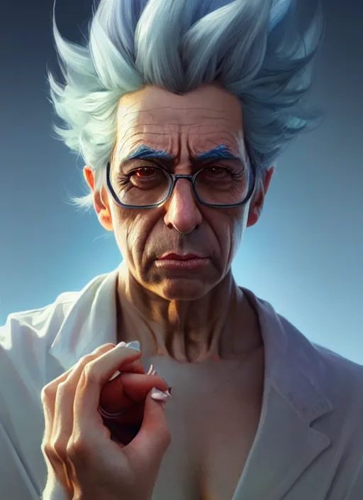 Image similar to ultra realistic illustration, rick sanchez. intricate, highly detailed, digital painting, artstation, concept art, smooth, sharp focus, illustration, art by artgerm and greg rutkowski and alphonse mucha and wlop