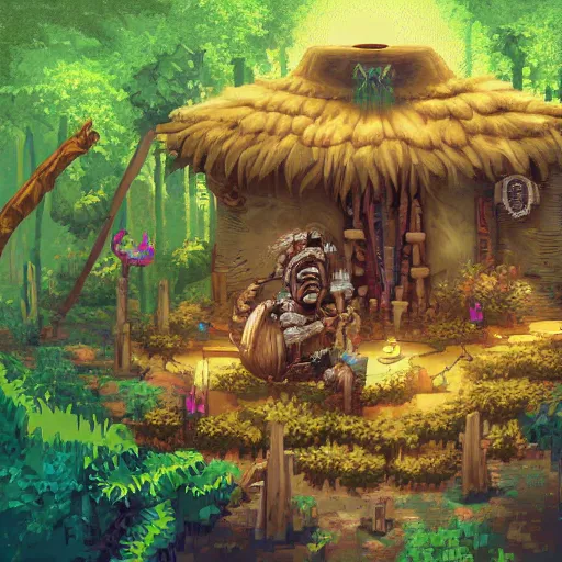 Prompt: cool video game key frame pixel art of a witchdoctor in an overgrown jungle hut with a skull on the table. vines and flowers. a matte digital painting, epic composition, god rays, vivid tones :