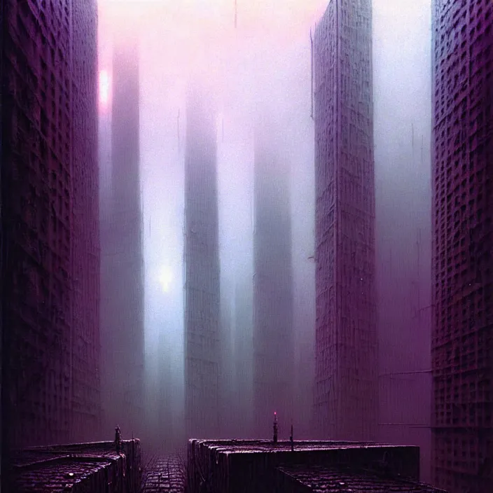 Image similar to ethereal horror of a cyberpunk cityscape, by zdzisław beksinski and greg rutkowski, organic, industrial, surreal, dark, cool colors