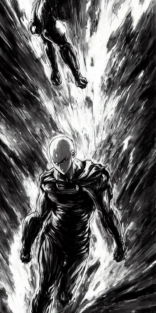 Prompt: concept art of one punch man, full body, dark colors, sinister atmosphere, dramatic lighting, cinematic, establishing shot, extremely high detail, photo realistic, cinematic lighting, pen and ink, intricate line drawings, by Yoshitaka Amano, Ruan Jia, Kentaro Miura, Artgerm, post processed, concept art, artstation, matte painting, style by eddie mendoza, raphael lacoste, alex ross,