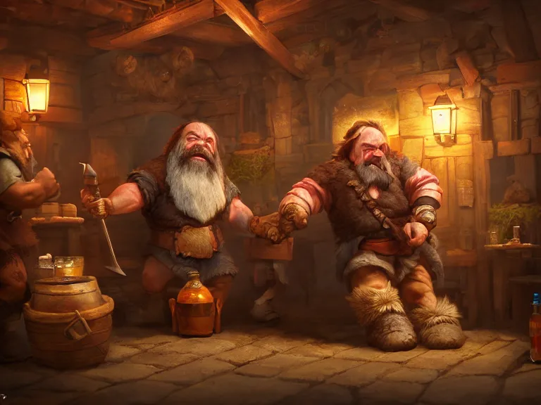 Image similar to Drunk Dwarf fights Bear Companion at a Tavern, RPG Portrait Full Body, Oil Painting, Trending on Artstation, octane render, Insanely Detailed, 8k, HD