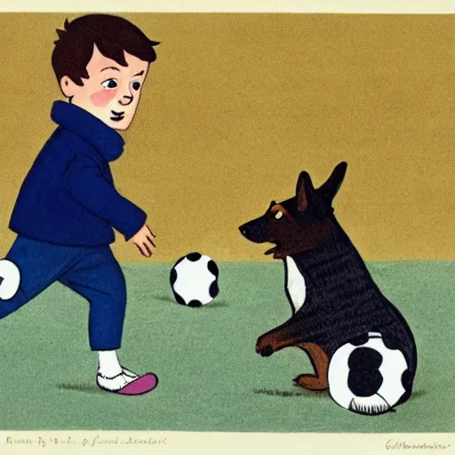 Image similar to book illustration of a french boy on the streets of paris playing football against a corgi, the dog is wearing a polka dot scarf, 1 9 6 6