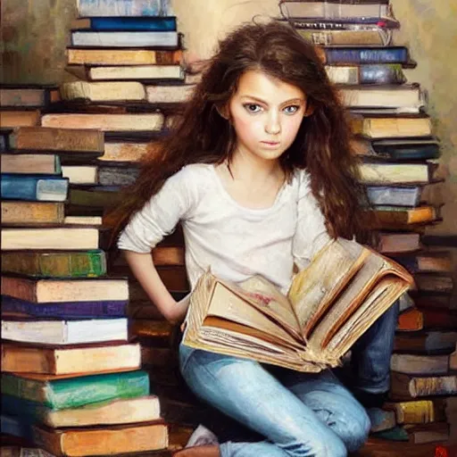 Image similar to a seven year old girl with short curly light brown hair and blue eyes sitting amidst tall piles of books. beautiful painting by raymond swanland and magali villanueve, beautiful detailed face.