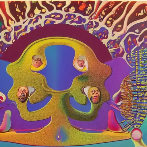Image similar to a conference of psychedelic men & women scientists / professors / researchers in the style of salvador dali