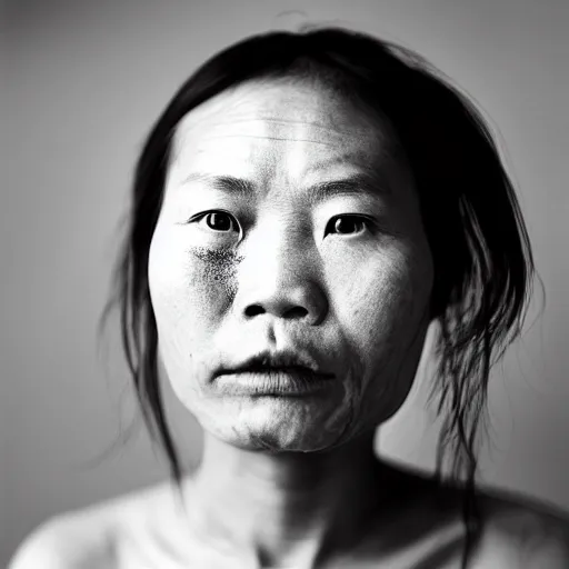 Image similar to grizzled young chinese woman with tribal face tattoos and facial hair, black & white, richard avedon, 5 0 mm, grainy, low light