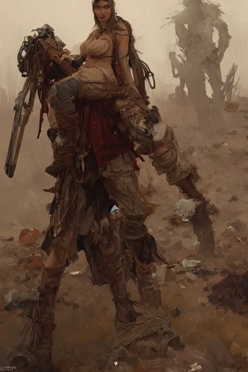 Image similar to a full body portrait of a beautiful post apocalyptic offworld soldiers quarter bedouin blind pulp fiction scarlet wild rogue barbarian leper begging by the roadside, intricate, elegant, highly detailed, digital painting, artstation, concept art, smooth, sharp focus, illustration, art by krenz cushart and artem demura and alphonse mucha