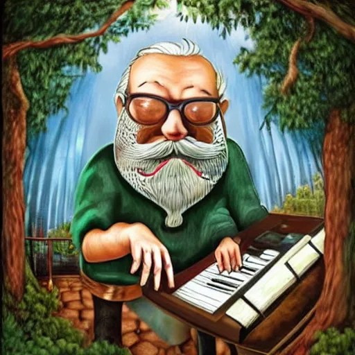 Image similar to old man white beard playing a synthesizer in a tree house, notes and clefs listening , lowbrow surrealistic, in the style of Mark Ryden,