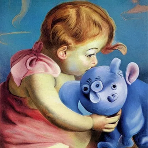 Prompt: A 2 year old girl playing with blue piglet, blond hair. Painting by Salvador Dali