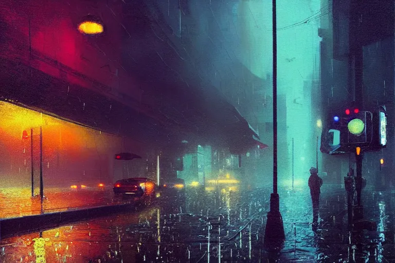 Image similar to city night photography, rain like a dream, oil painting, cinematic, surreal, dramatic, otherworldly, dreamlike, soft volumetric lighting, cyberpunk, basquiat + moebius + francis bacon + gustav klimt + beeple, elevated street art, fantasy lut, textural,