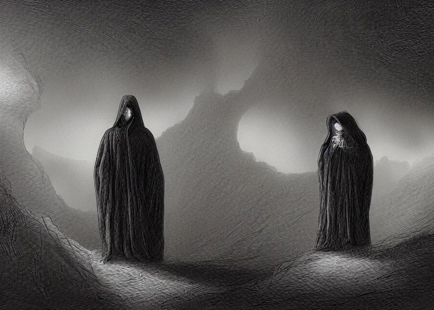Prompt: a hooded figure in a black robe standing in a flower meadow while bright light beam is emmited from the sky onto him, flower meadow landsape in dark pits of a canyon, illustration by Gustave Dore, 18th century drawing , black and white, highly detailed, 4k, concept art, artstation