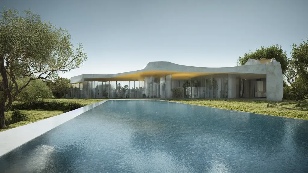 Prompt: Home made of limestone with an infinity pool in the front designed by Zaha Hadid, in the Mediterranean with olive trees and orange trees, 4k, high detail, architectural render, epic light, 4k