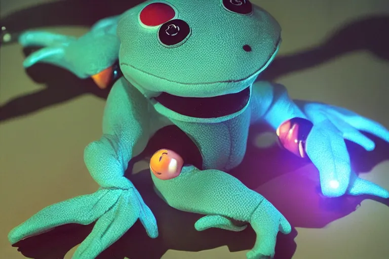 Image similar to frog plushie in cyberspace, in 2 0 5 5, y 2 k cybercore, industrial low - light photography, still from a ridley scott movie