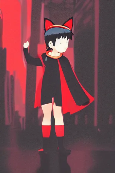 Prompt: little boy with cat ears in an black outfit with red cape. digital artwork made by lois van baarle and kentaro miura, sharpness focus, inspired by hirohiko araki, anatomically correct, heroic composition, hero pose, smooth, night cyberpunk city