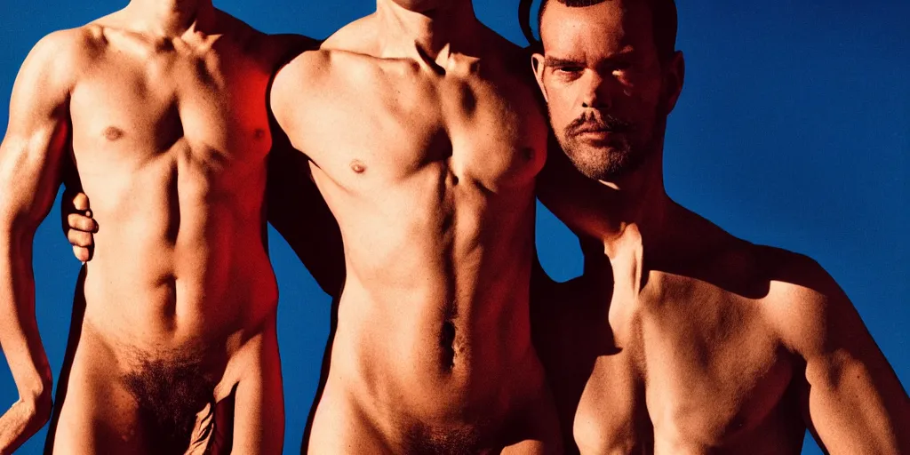 Image similar to full body portrait of two muscular men multicultural highly detailed sharp zeiss lens 1. 8 high contrast golden hour cinematic days of heaven detailed by gottfried helnwein ryan mcginley robert mapplethorpe david armstrong alexander mcqueen tom of finland transgender wolfgang tillmans