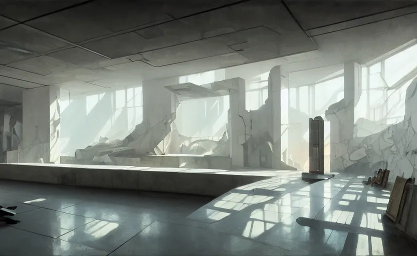 Prompt: painting of interior shot of a white concerete brutalist museum with modern contemporary abstract art on the wall by darek zabrocki and greg ruthkowski, alphonse mucha, simon stalenhag and cinematic and blue cold atmospheric, archillect concept art, artstation, trending on artstation