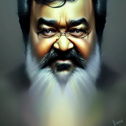 Image similar to Mohanlal , colorful painting on grey scale face, powerful , magic, thunders, dramatic lighting, intricate, wild, highly detailed, digital painting, artstation, concept art, smooth, sharp focus, illustration, art by artgerm and greg rutkowski and alphonse mucha, footage