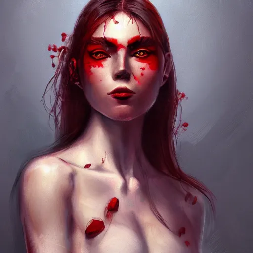 Image similar to a painting of a woman with red eyes, a character portrait by Nína Tryggvadóttir, Artstation contest winner, antipodeans, detailed painting, concept art, speedpainting