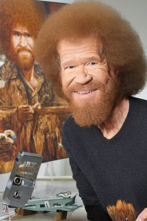 Image similar to Bob Ross ready to fight against the Artificial Intelligence