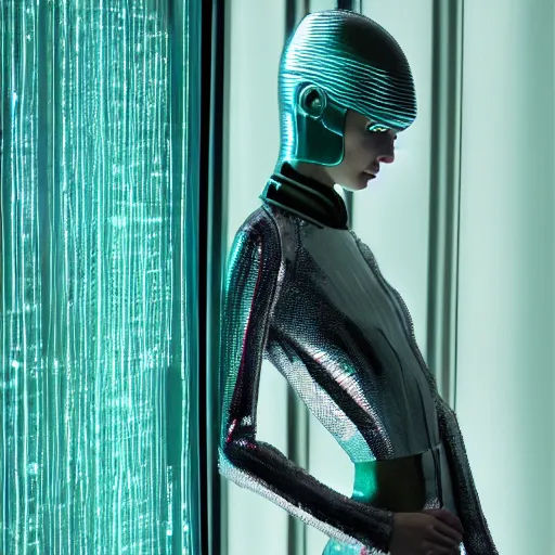 Image similar to Fashion photography of a woman wearing a futuristic outfit inspired by Ex Machina (2014), intricate, artistic photography, cinematic lighting, insanely detailed, cinestill 800t, Vogue magazine