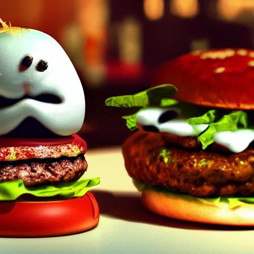 Image similar to There is a ghost in my burger spooky ghost burger, Realistic, HDR, Clear Image, HDD, Dynamic lighting,