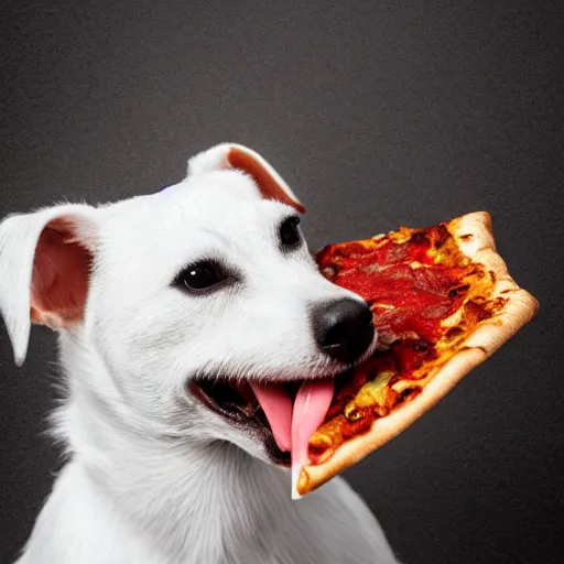 Image similar to detailed photo of a white jack russel eating pizza, various poses, full body, studio light, 8 k, photorealism, intricate detail, diffuse lighting