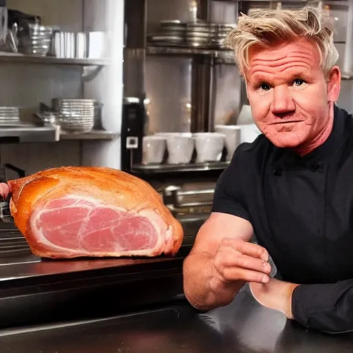 Image similar to gordon ramsay turned into a cooked leg of ham on a plate