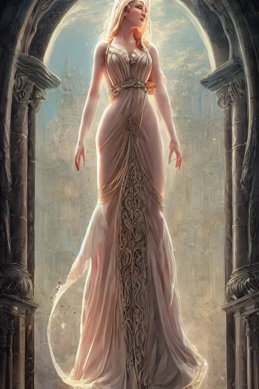 Image similar to aphrodite goddess beautiful gown very sensual, high resolution, uhd, digital illustration, in the style of greg rutkowski, fantasy, amazing detail, epic, intricate, elegant, perfect symmetrical face, hyper realistic, hyperdetailed, style of laura sava, smooth, sharp focus