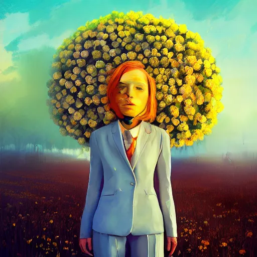 Prompt: giant daisy flowers head, frontal, girl in a suit, surreal photography, sunrise, dramatic light, impressionist painting, digital painting, artstation, simon stalenhag