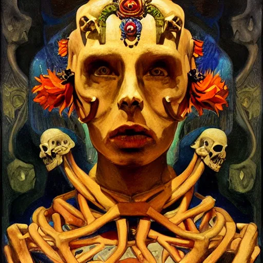 Image similar to the crown of madness and bones, by Annie Swynnerton and Nicholas Roerich and Diego Rivera, bioluminescent skin, elaborate costume, geometric ornament, symbolist, cool colors, dramatic cinematic lighting, smooth, sharp focus, extremely detailed