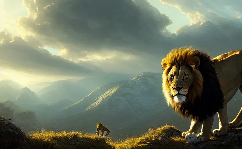 Prompt: a beautiful photo of lion roar on mountain, hyper realistic, natural light, concept art, by greg rutkowski, cozy atmospheric and cinematic lighting