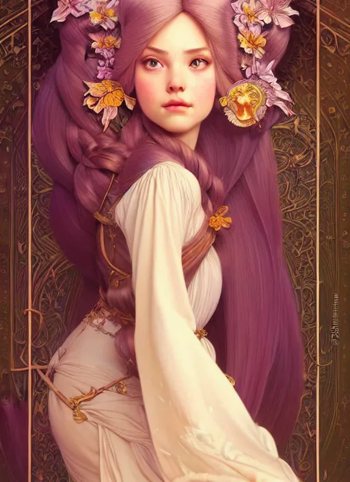 Image similar to portrait of rapunzel, intricate, elegant, highly detailed, my rendition, digital painting, artstation, concept art, smooth, sharp focus, illustration, art by artgerm and greg rutkowski and alphonse mucha and uang guangjian and gil elvgren and sachin teng, symmetry!!