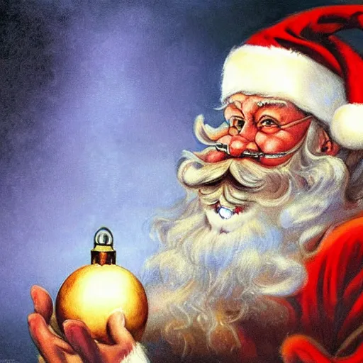 Image similar to an ultra - realistic portrait painting of santa claus holding a snowglobe in the style of frank frazetta. 4 k. ultra - realistic. highly detailed. dark fantasy. epic lighting.