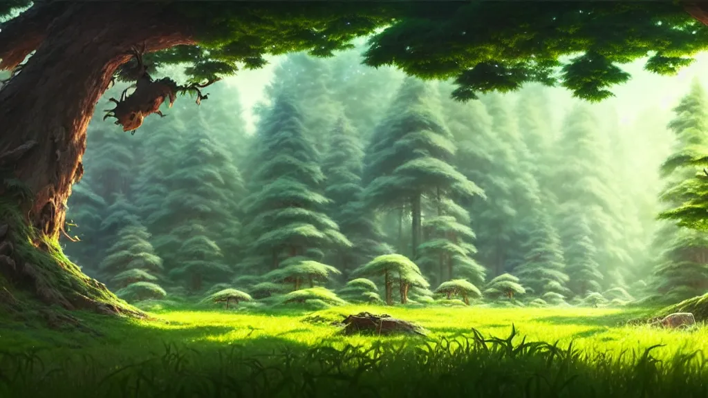 Image similar to forest clearing landscape, studio ghibli, pixar and disney animation, sharp, rendered in unreal engine 5, highly detailed, digital painting, artstation, concept art, smooth, sharp focus, illustration, wide angle, artbook, wallpaper, splash art, promo art, dramatic lighting, art by artgerm and greg rutkowski and bo chen and jin xiaodi