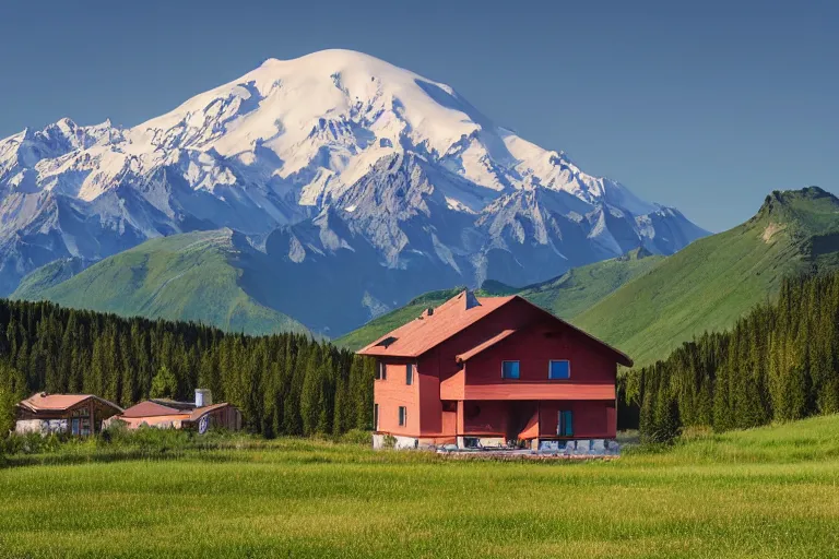 Image similar to architecture photo modern fachwerk house cottage settlement with Elbrus mountain on the background, architecture, photorealism 8k , high details