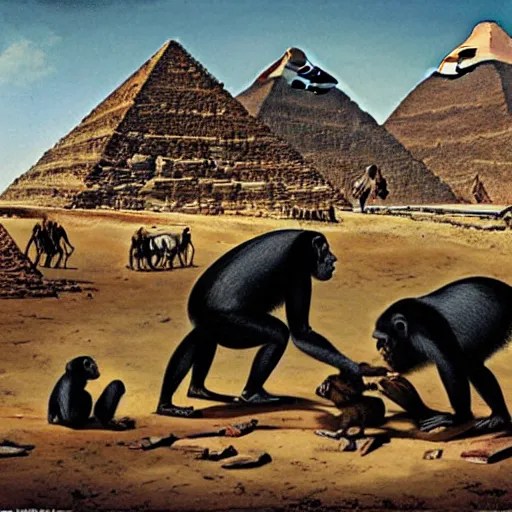 Image similar to chimpanzees building the great pyramid of giza, painting by hans glaser,