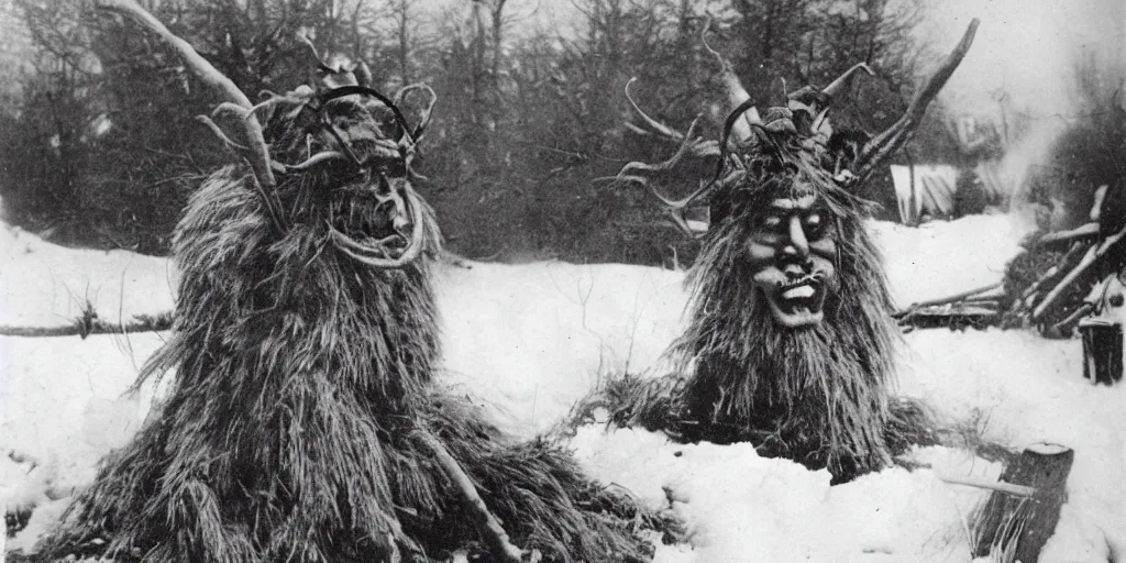 Image similar to 1 9 2 0 s photography of krampus hay monster burning on a pyre, submerged in snow