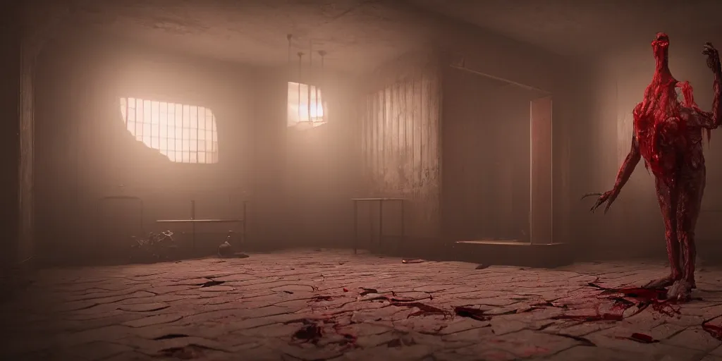 Image similar to The Backrooms level 1 with a creepy creature and blood, unreal 5, hyperrealistic, octane render, cosplay, dynamic lighting, highly detailed, cinematic landscape