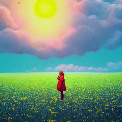 Prompt: girl with a enlarged flower instead of face, surreal photography, dream, standing in flower field, hills, big trees, sunrise dramatic light, impressionist painting, colorful clouds, digital painting, pointillism, artstation, simon stalenhag, flower face