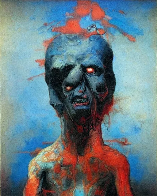 Prompt: A large cube of flesh next to a seated dark figure in the style of Francisco Goya and James Jean and Francis Bacon, vibrant blue background, mythological painting, oil painting, triadic color scheme, very coherent, Beksinski painting