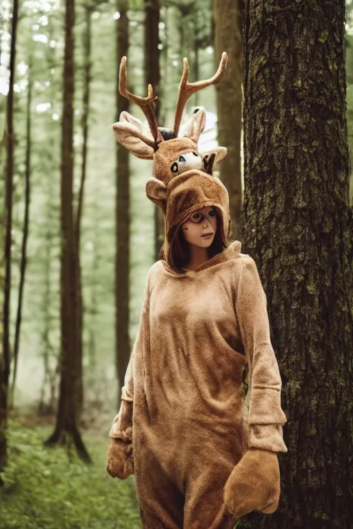 Image similar to photo of a woman in a realistic deer costume, in the morning, in a forest, fog, ambient light