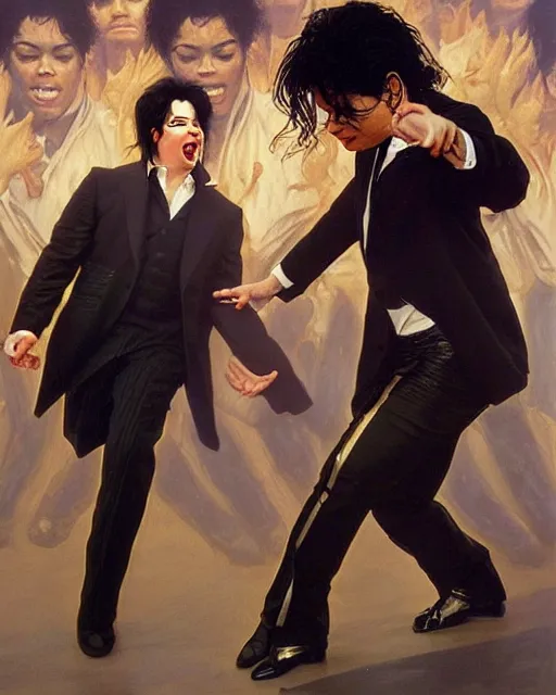 Image similar to Michael Jackson & Michael Mcintyre dancing in front of a crowd,real life skin, intricate, elegant, highly detailed, artstation, concept art, smooth, sharp focus, art by artgerm and greg rutkowski and alphonse mucha