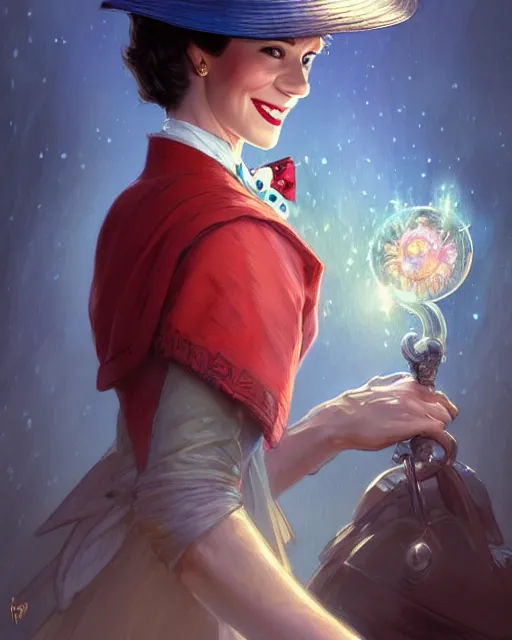 Image similar to Mary Poppins smiling and looking to the side, D&D, fantasy, intricate, elegant, highly detailed, digital painting, artstation, concept art, matte, sharp focus, illustration, hearthstone, art by Artgerm and Greg Rutkowski and Alphonse Mucha