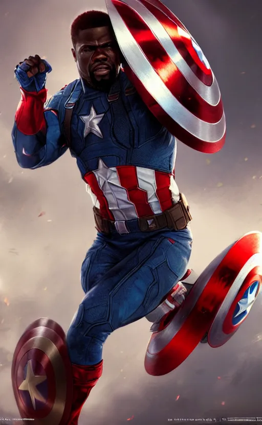 Image similar to kevin hart as captain america, dynamic lighting, photorealistic fantasy concept art, trending on art station, stunning visuals, creative, cinematic, ultra detailed