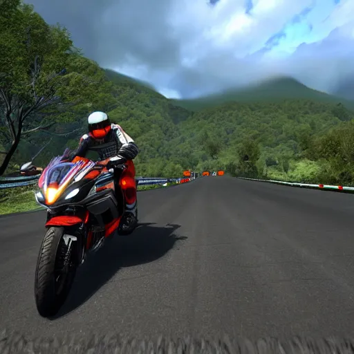 Prompt: new aesthetic and fast motorcycle. Flaming roads. photo realistic. high details. race. hyper realistic.
