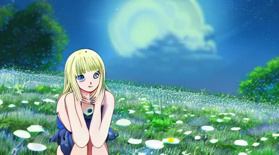 Prompt: Lucy Heartfilia sitting in a field of Ghibli Clover | Big Moon at Night | GLOWING FLOWERS | strong blue rimlit | visual-key | anime illustration | highly detailed | in the style of Anmi